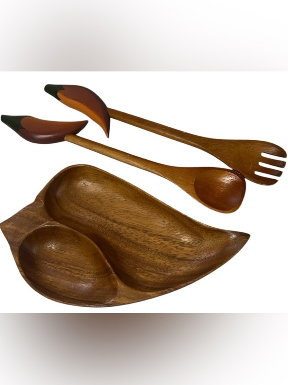 VINTAGE WOODEN SERVING SET SALAD SERVER DISH PEPPERS SOUTHWESTERN DECOR